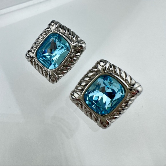 Vintage 90s DSMK Faceted Aqua CZ Silver Plated Stud Earrings - Picture 8 of 11